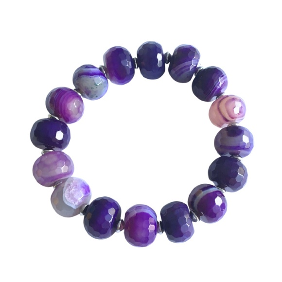 Faceted 14mm Dyed Purple Agate Stretch Bracelet – 7.5 Inch Beaded Gemstone Jewel - Picture 1 of 1